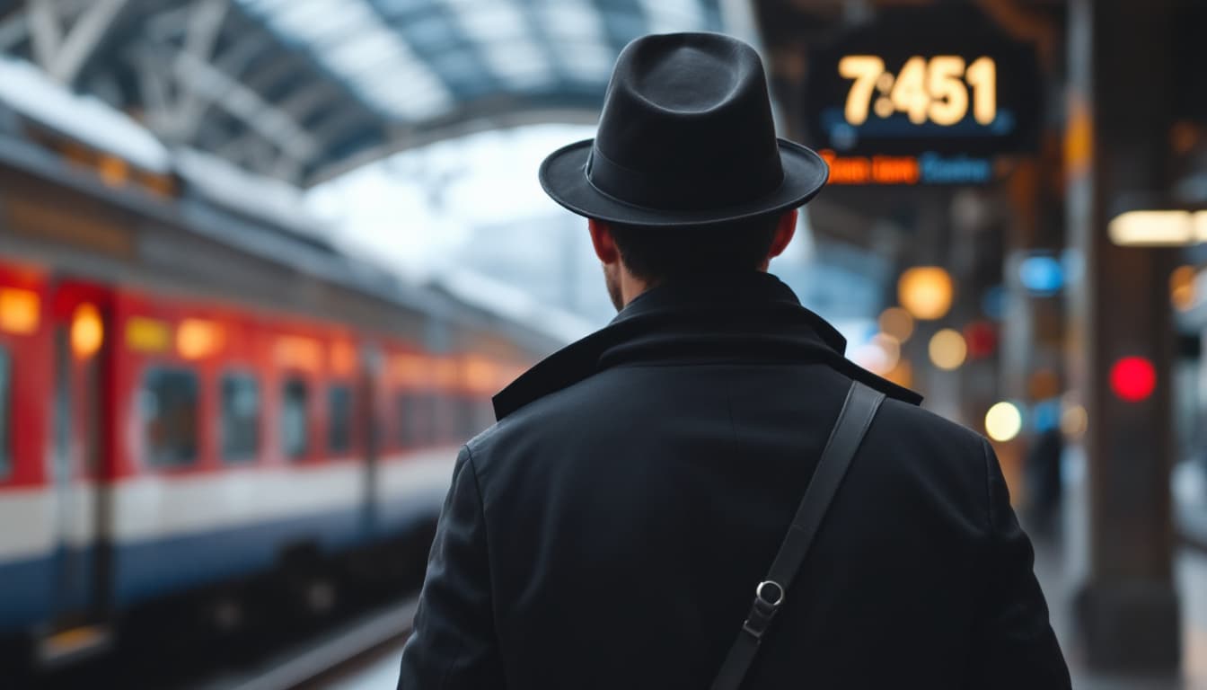 AI generated:  high definition camera shot from behind  - a man wearing black coat and hat waiting for the train a...