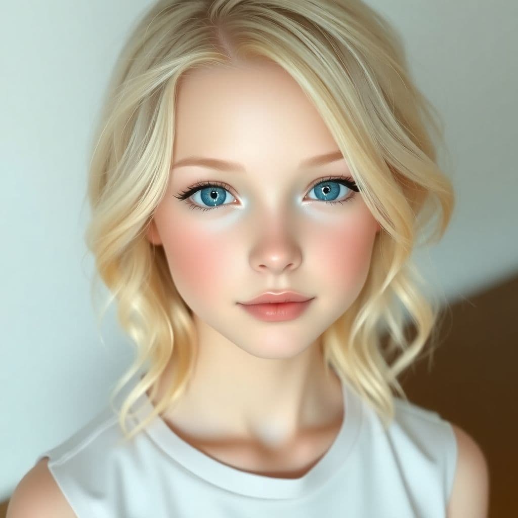 AI generated: Blonde girl, 18-22 years old, youthful appearance, smooth fair skin, soft wavy blonde hair, clear bl...