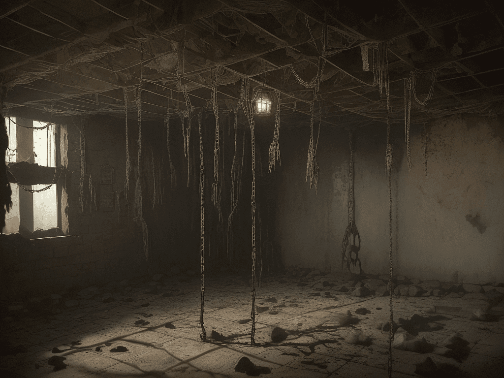 AI generated: The background of the image is dominated by the dimly lit room, with cobwebs and chains hanging from...
