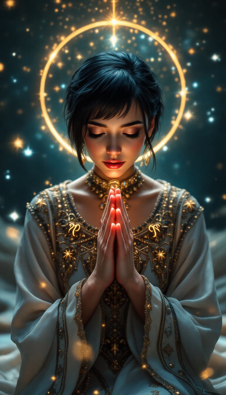 AI generated: A detailed digital rendering of a serene Capricorn woman kneeling in prayer, with hands joined at he...