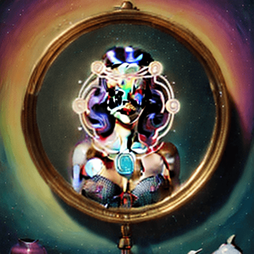 AI generated: Ego. A female entity looking her reflect in a mirror, Dot Art, Graphite, Mural, by Lisa Frank, by Pe...