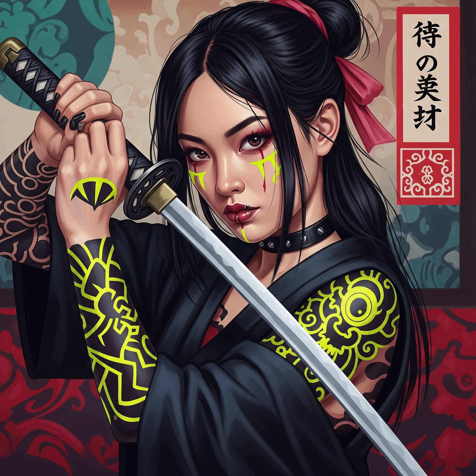 AI generated: A close-up, 32k UHD painting in a vibrant, colorful palette that blends Editorial Vivienne Tam photo...