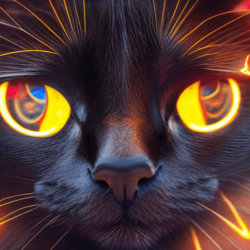 AI generated:  Portrait photo of black cat with fill of lightening colors, fierce eyes, light bokeh, intricate, (s...