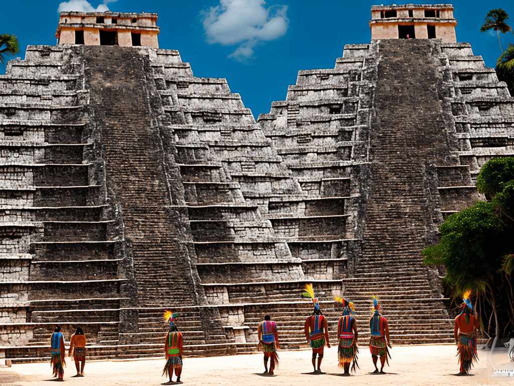 AI generated: A group of 14th century Mayan Indians are climbing the stairs of the pyramid of Kukulkan in Yucatan,...