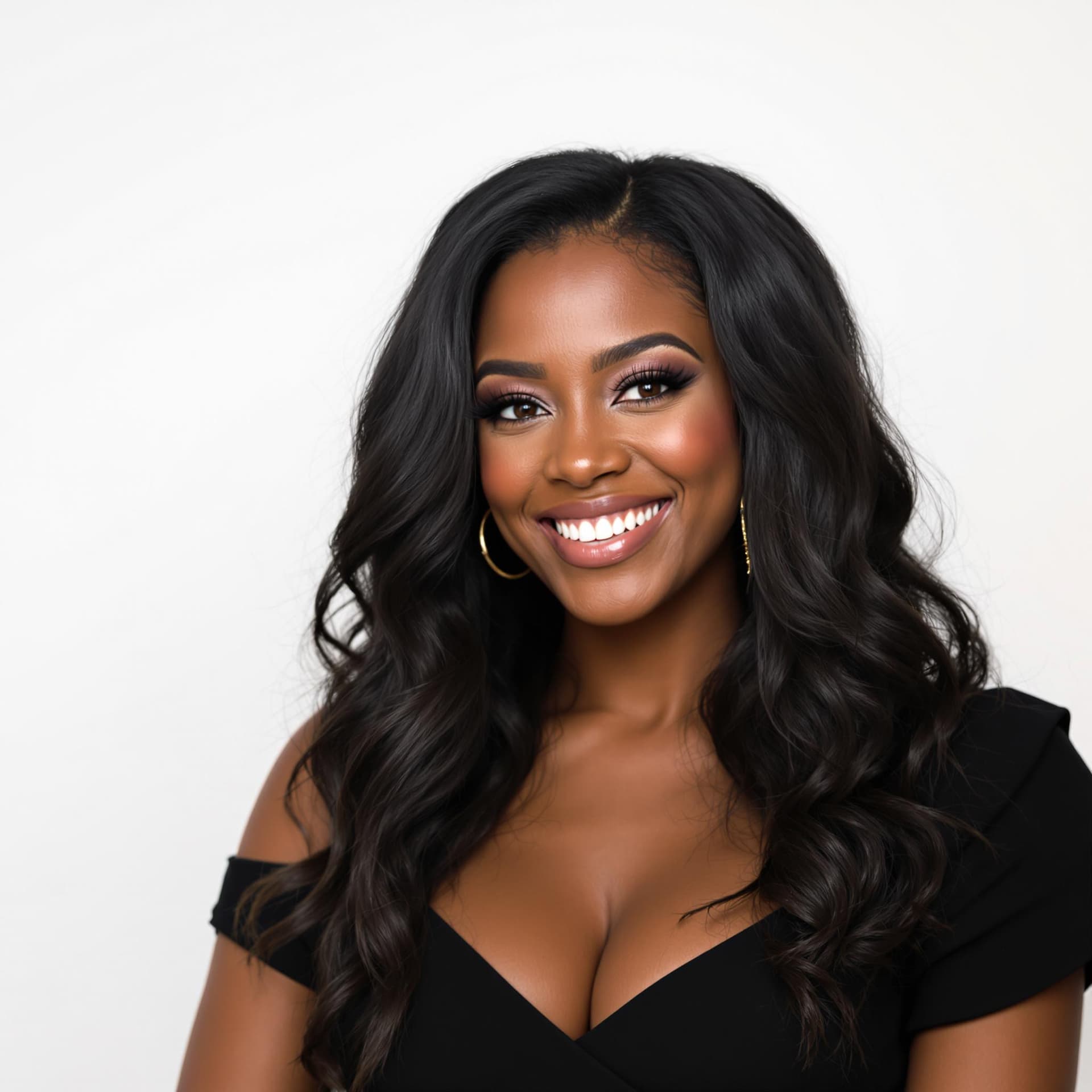 AI generated: A confident black woman smiling with her face directly to the viewer with long, wavy hair. She wears...