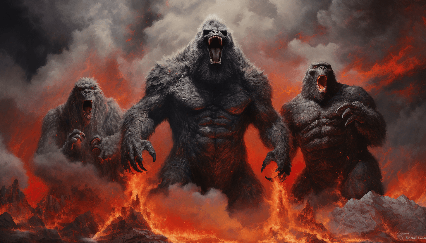 AI generated: Hyper Detailed Silverback Gorilla, Komodo Dragon and a Warlock standing beside each other, dragons f...