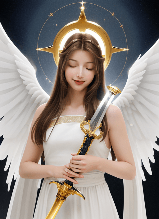 AI generated: a femine angel, tall, long brown hair, closed eyes, a light smile, white dress, big white wings, a h...
