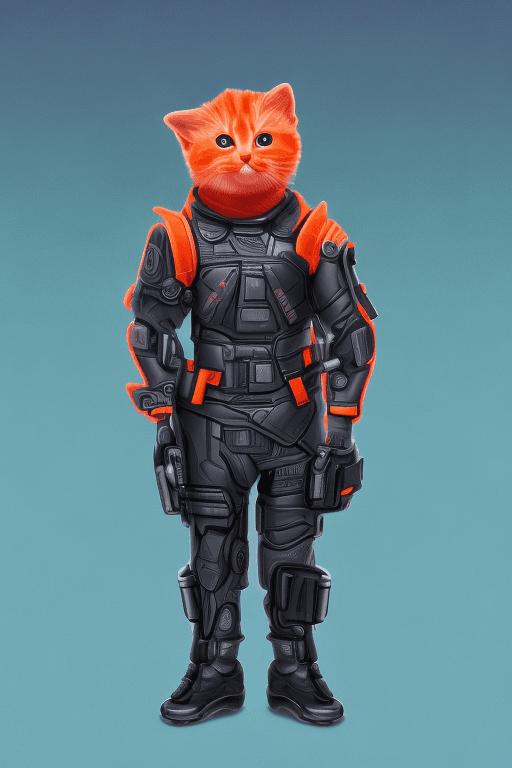 AI generated: MINI cute hyperrealistic futuristic soldier kitten wearing cyberpunk jacket. orange skin. Cinematic,...