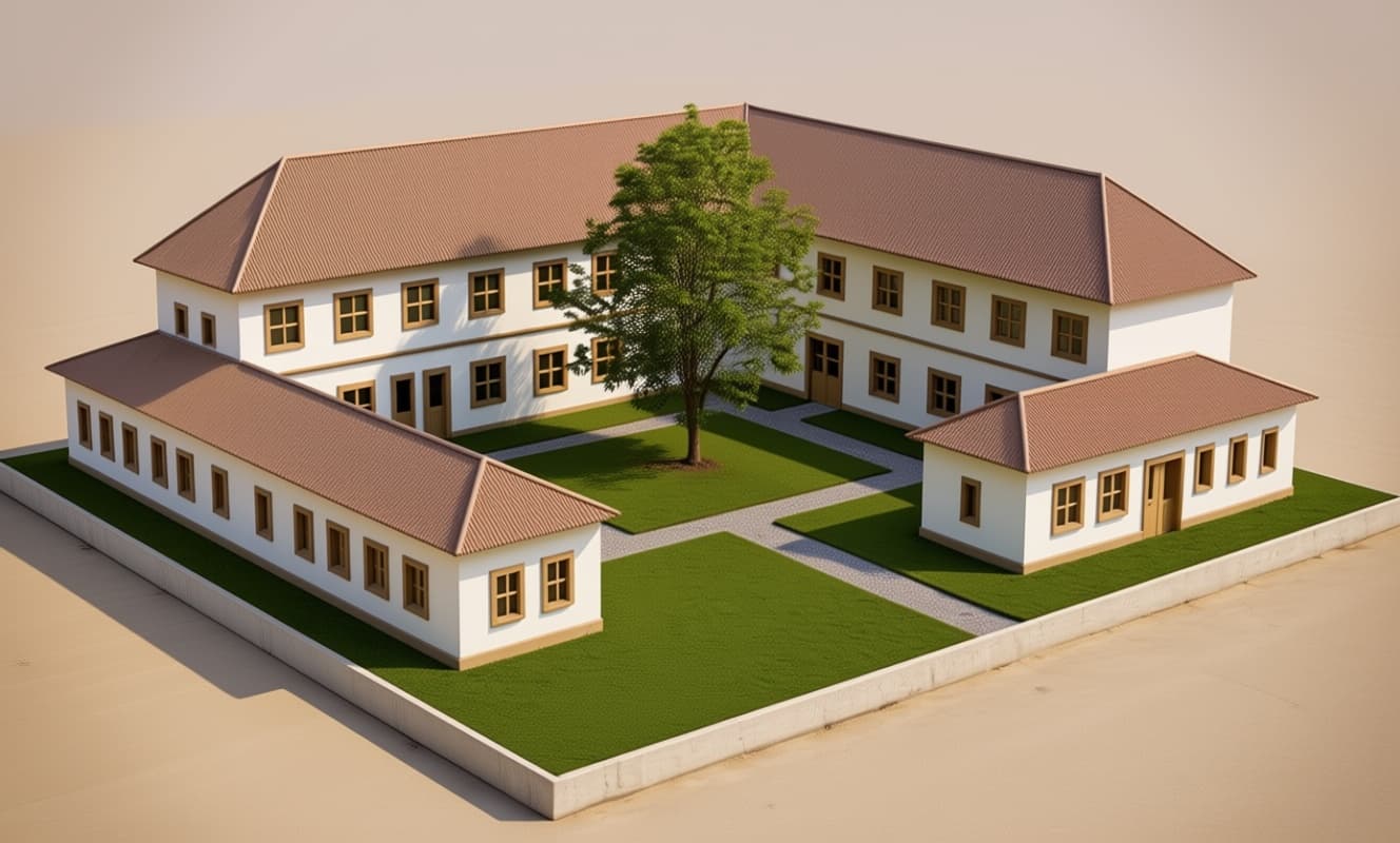 AI generated: A minimalist architectural model of a modern educational school complex designed according to Montes...