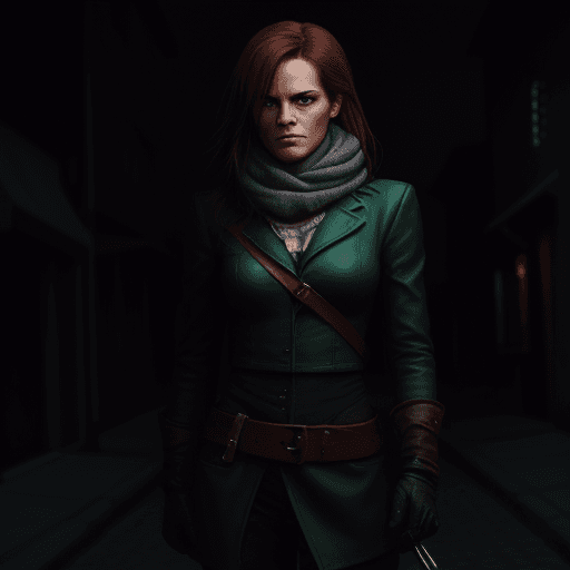 AI generated: Portrait style rogue standing in a dimly lit street.