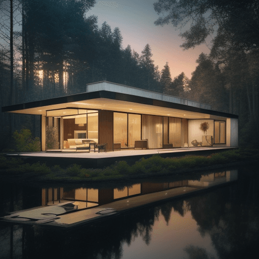 AI generated: a hyper realistic photo of a beautiful house low angle in mid-century modern style at sunrise inside...