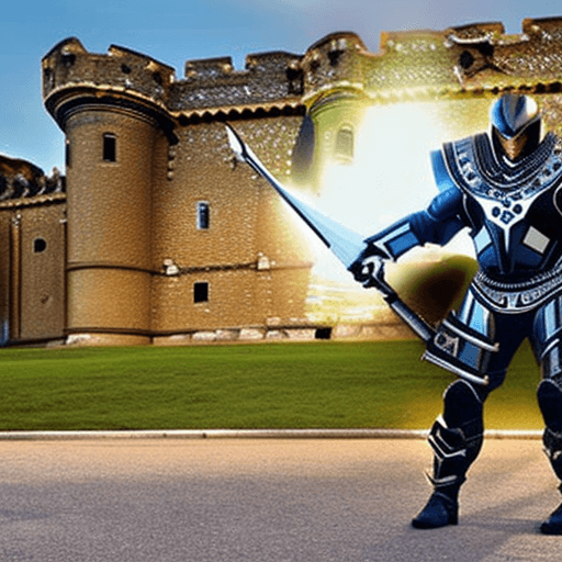 AI generated: sci-fi futuristic warrior dragon like steel armor mask holding flail in attack position, lights on m...