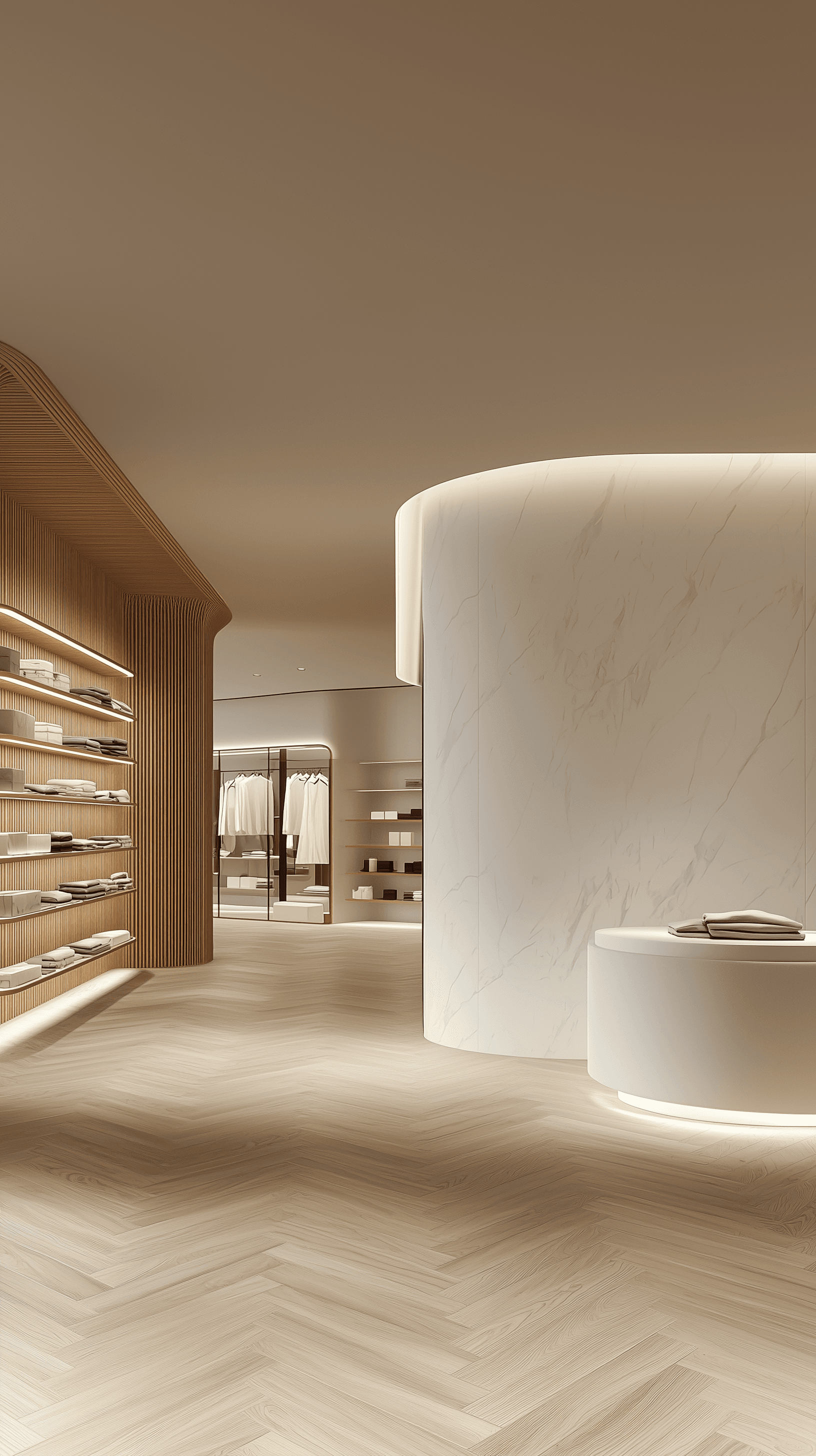 AI generated: Minimalist boutique featuring white marble walls, oak herringbone flooring, [floating racks] display...