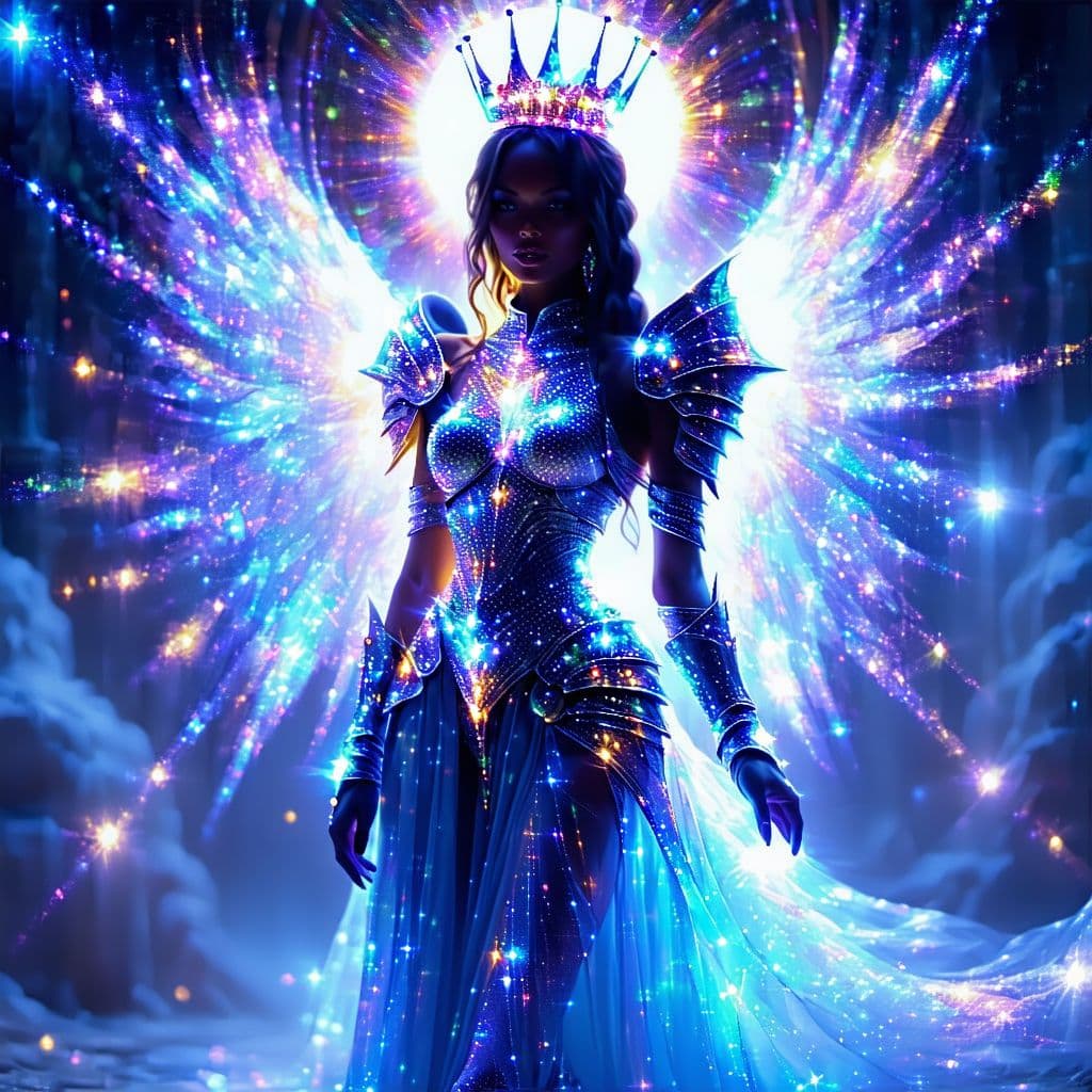 AI generated: (Full body, legs, feet art by Luis Royo:4) A (celestial queen radiating prismatic energy, with a shi...