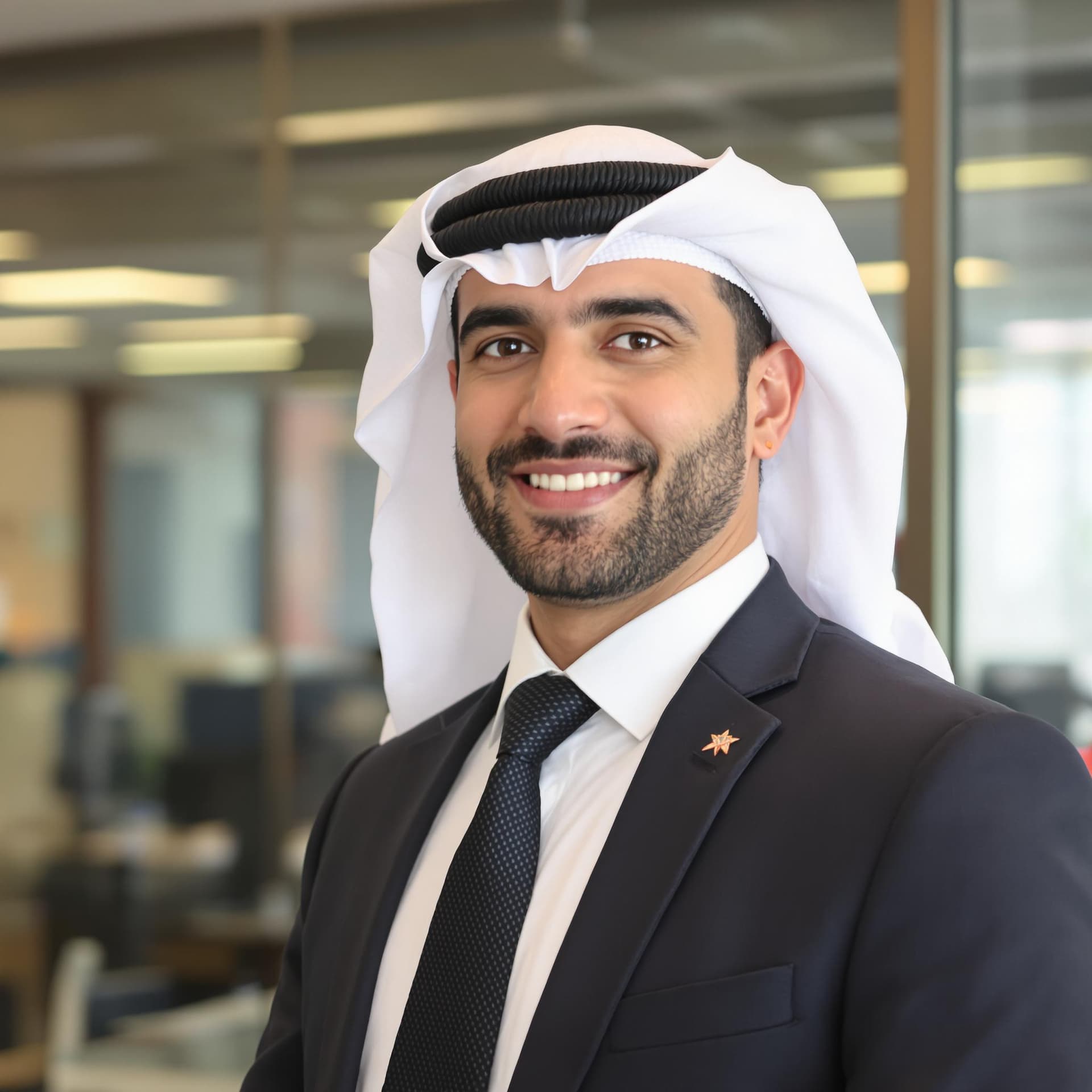 AI generated: clean shaven arab business man posing against office background