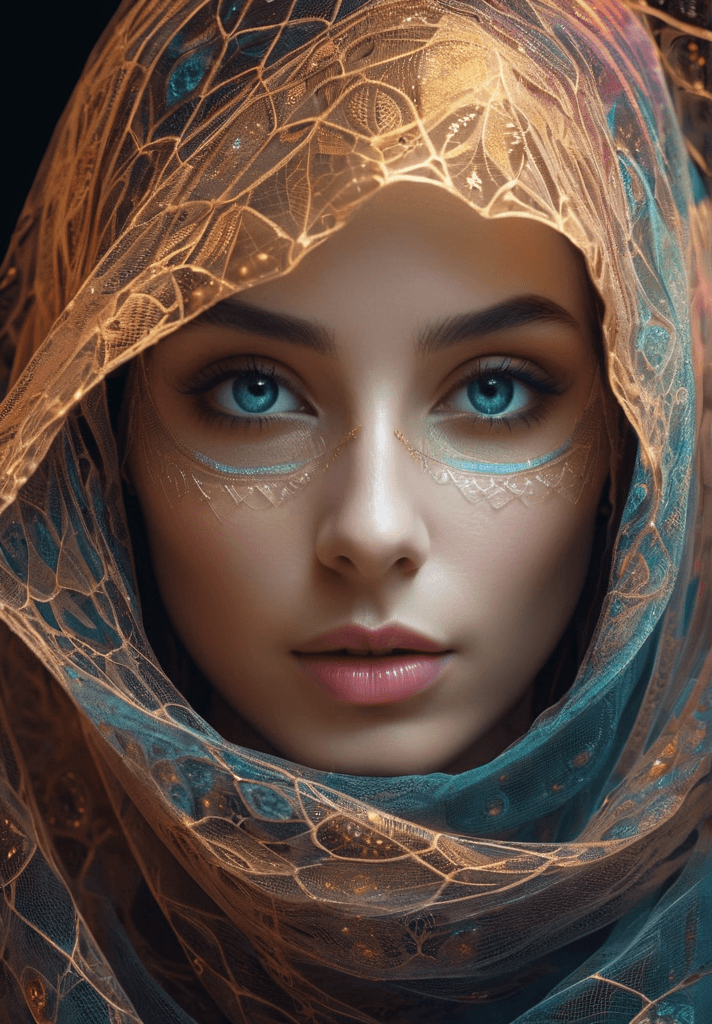 AI generated: (8k, RAW photo, highest quality),hyperrealistic abstract style portrait of a veiled woman,glowing or...