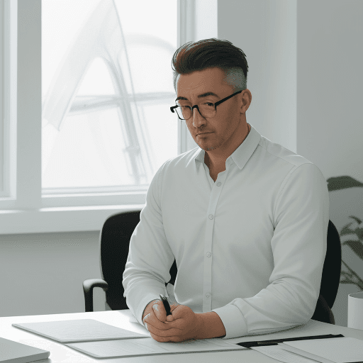 AI generated: minimalist workspace, focused designer man at a white desk, high resolution photograph, used camera ...