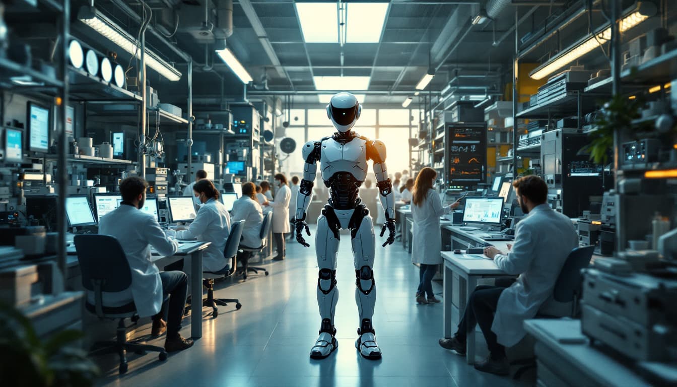 AI generated: A highly detailed cinematic shot capturing a bustling laboratory from the knees up, with a humanoid ...