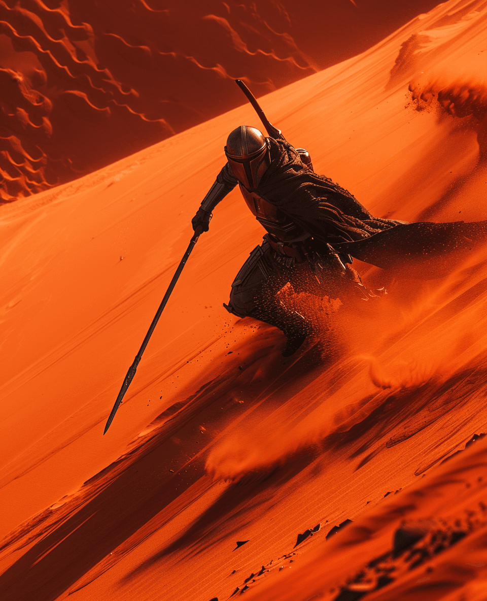 AI generated: A photo of an action shot from the movie The Expanse, showing lone figure in black armour running up...