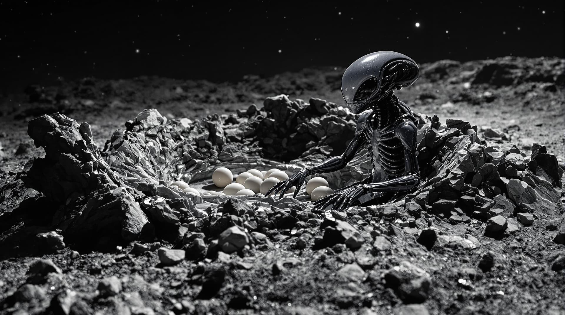 AI generated: a highly realistic alien sat on a nest on the surface of the moon, protecting eggs in the nest, the ...