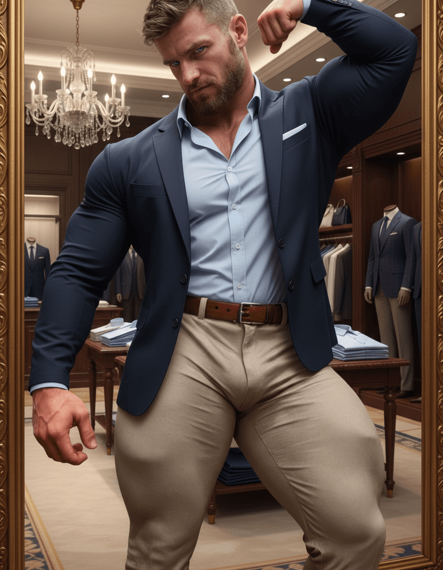 AI generated: At a very luxurious men's clothing store, the bodybuilder is white male, 6 feet 4 inches tall, he ha...
