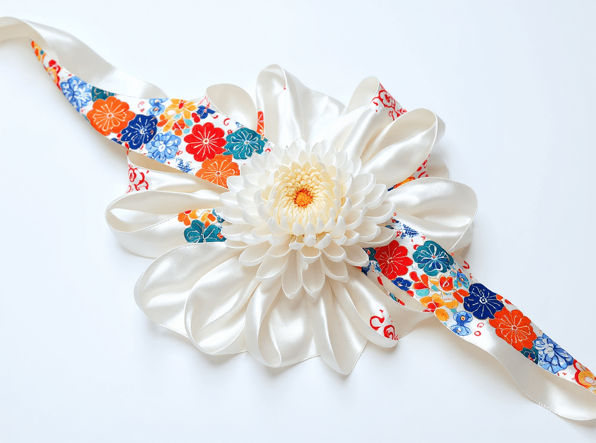 AI generated:  a work of art in glossy satin silk fabric, hyper realistic curly long ribbons, a white chrysanthemu...