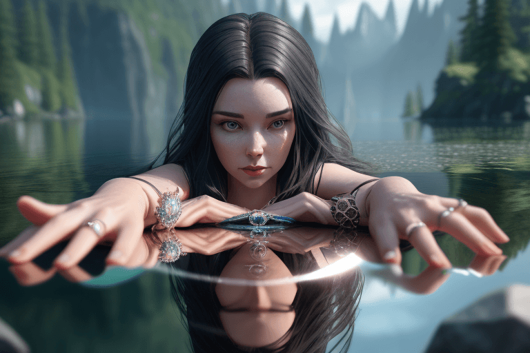 AI generated: first person perspective of a woman looking at her hands full of rings, the woman is reflected in th...