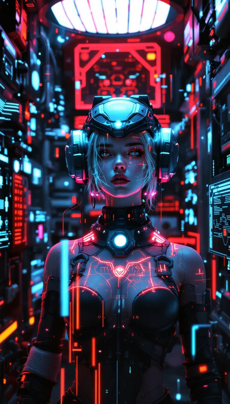 AI generated:  Portrait of a futuristic cyberpunk rebel leader, girl, centered, adorned with revolutionary tech, i...