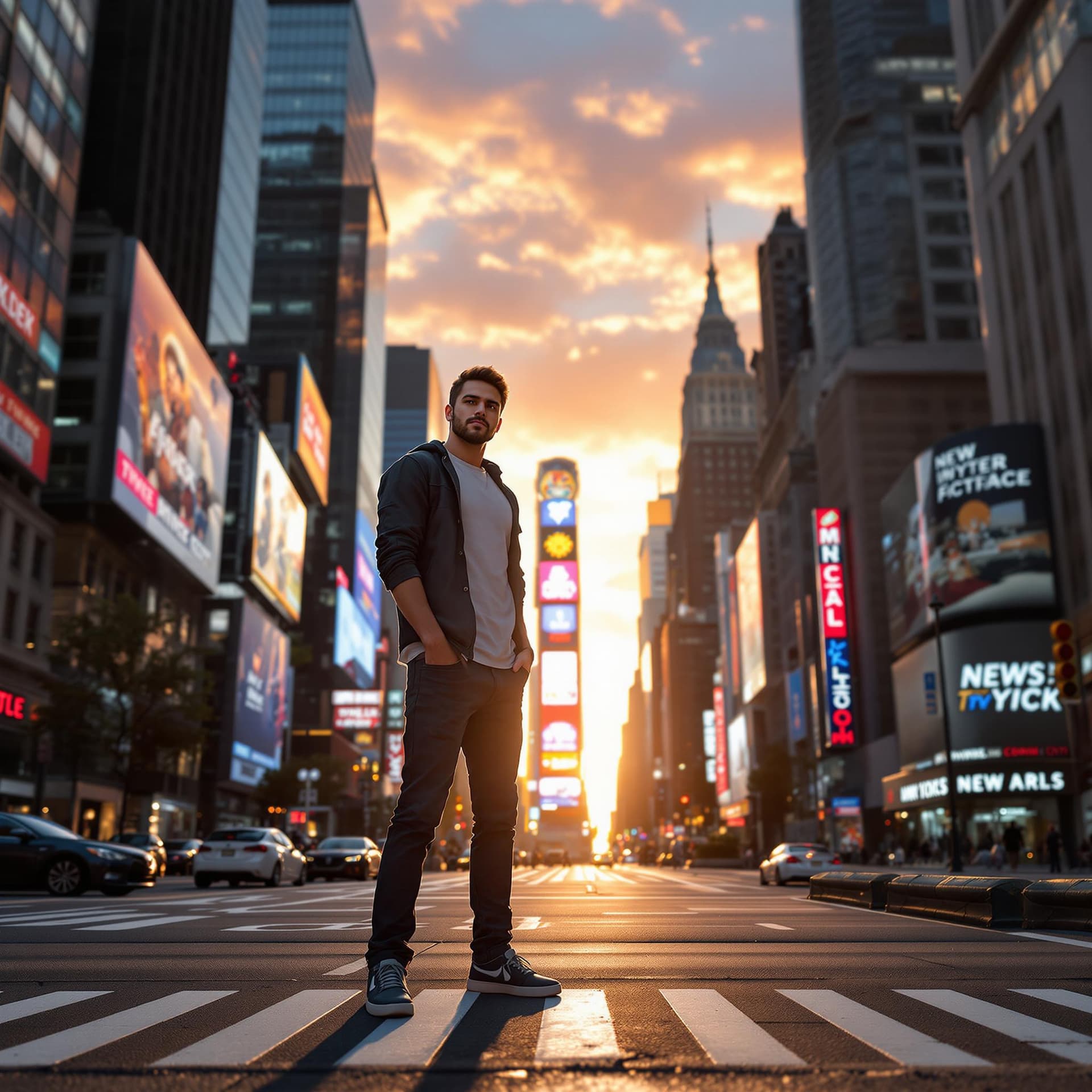 AI generated: hyper realism, high detail, octane render, 8k , some guy with casual dress standing on the new york ...