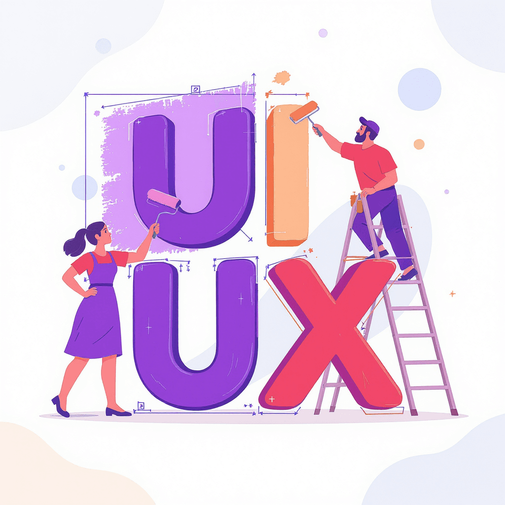 AI generated: A modern flat-style digital illustration showing the full word "UI UX" with slash between them in bo...