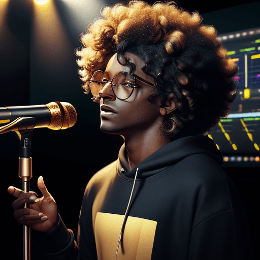 AI generated: A male dark-skinned singer with a dark afro highlighted with golden streaks, wearing a casual sweats...