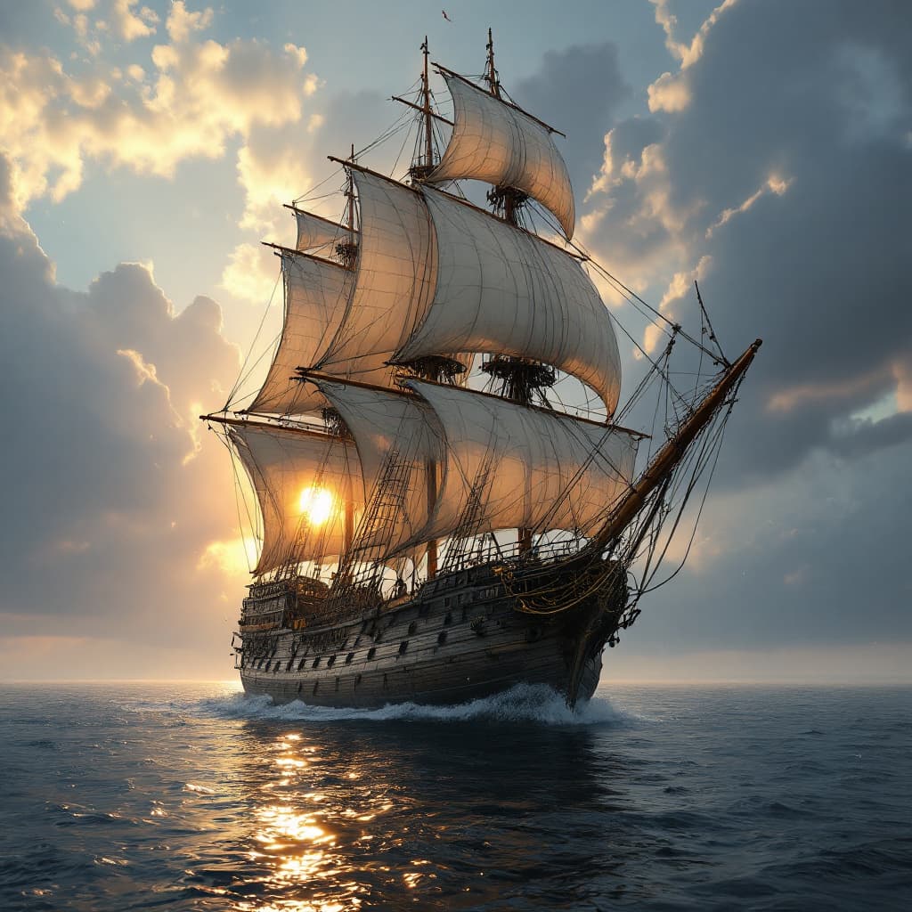 AI generated: Photo of a ultra realistic sailing ship, dramatic light, pale sunrise, cinematic lighting, battered,...