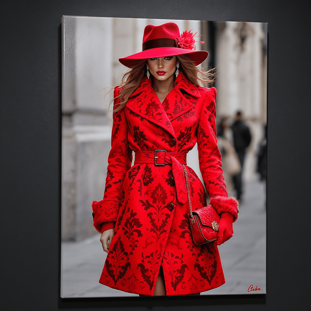 AI generated: acrylic highly detailed image of a stylish RED damask coat with intricate patterns, a matching fedor...
