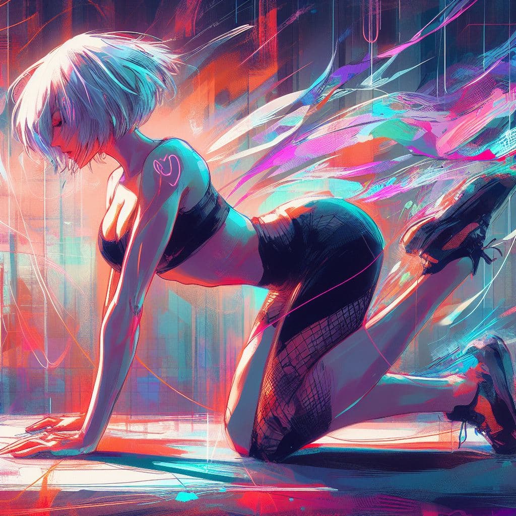 AI generated: aesthetic, painterly style, modern ink, Rei Ayanami training at the gym doing yoga Heart opening pos...