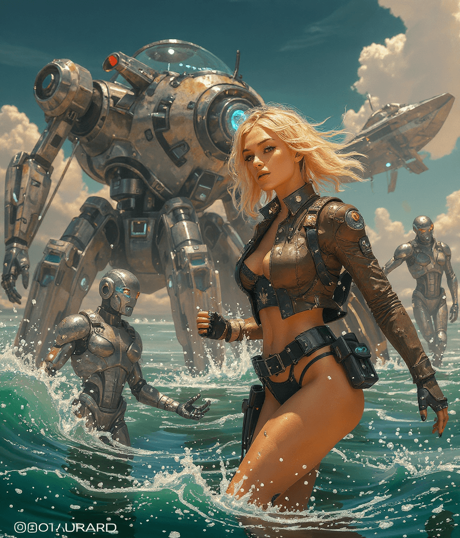AI generated: Syd Mead style futuristic cyber dieselpunk hovercraft, beautiful European young long hair blonde wom...