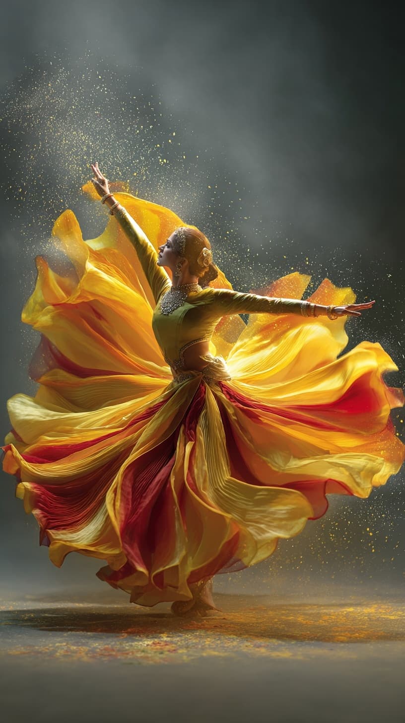 AI generated: A mesmerizing Indian female dancer captured in mid-whirl from a dramatic top-angle shot. She wears a...