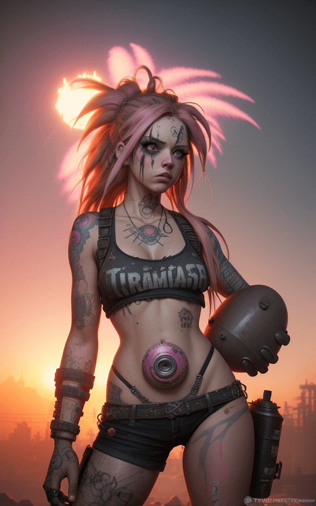 AI generated: Photo of a ultra realistic hippie trash punk steam bombshell, perfect anatomy, frantic light, pink a...