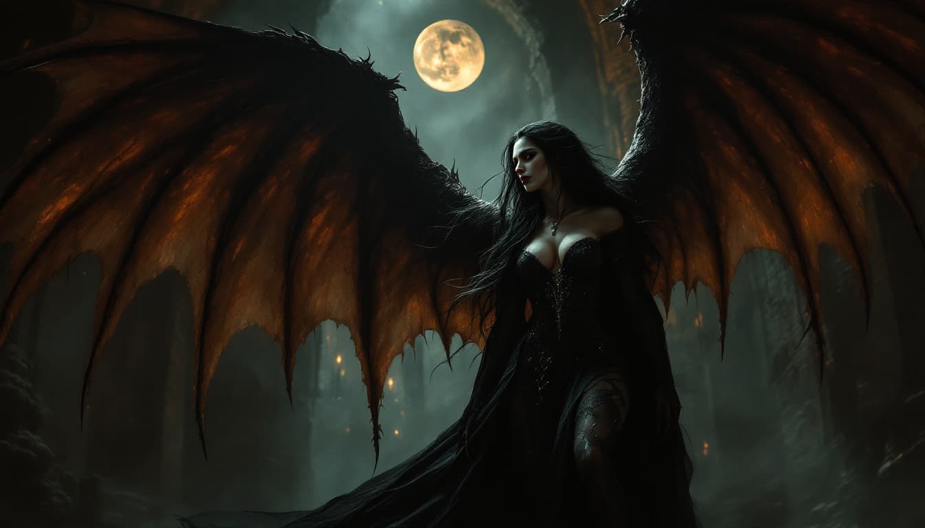 AI generated: heavy brown haze darkness atmosphere, full body of profile beautiful queen vampire, black long hair,...