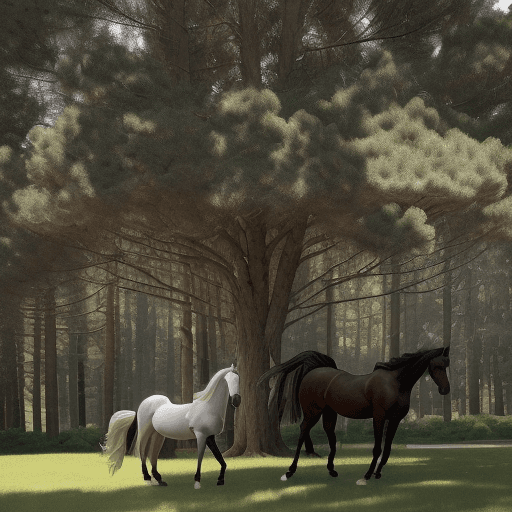 AI generated: Create an image of three horses resting under a large, majestic pine tree. The scene should capture ...