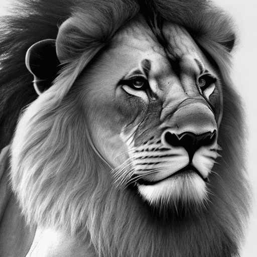 AI generated: Photo of a ultra realistic lion, imposing, sitting with one paw above the other in black and white w...