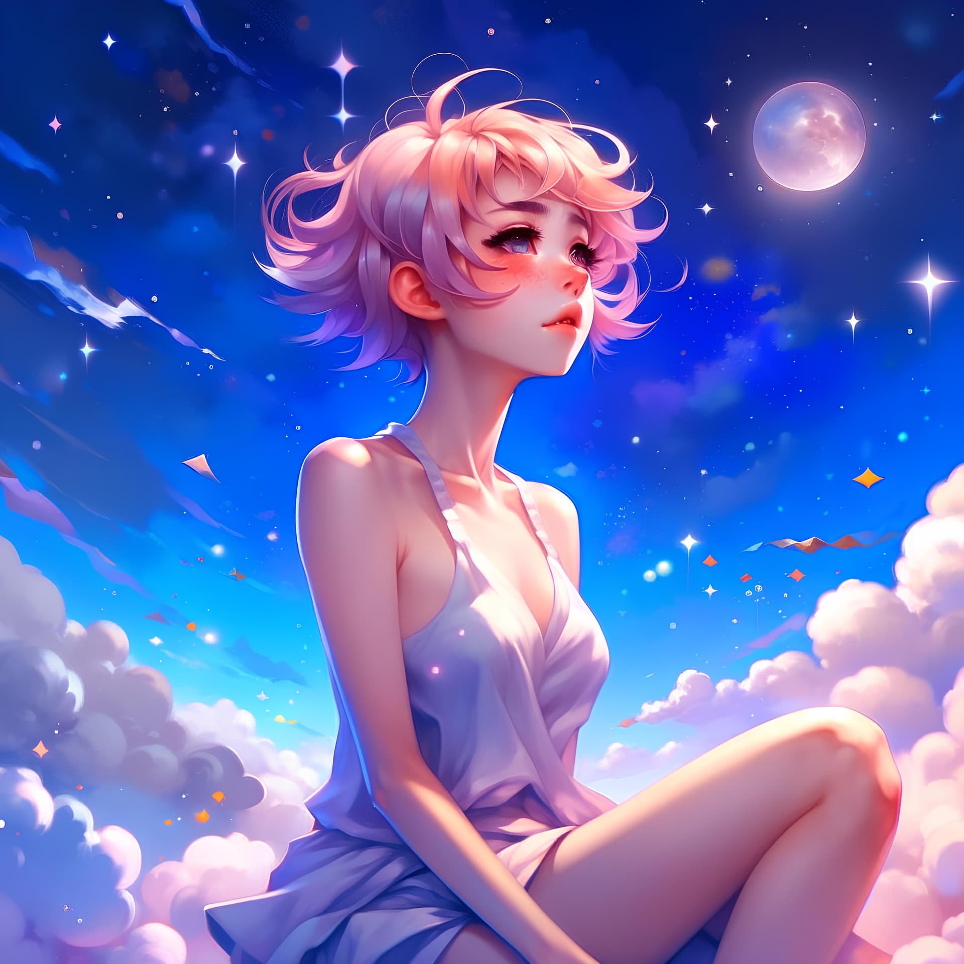 AI generated: a woman sitting on top of a cloud next to a star, an anime drawing, inspired by Ross Tran, digital a...