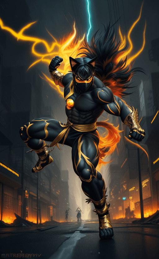 AI generated: painterly style, photorealistic, more colorful, rage gold fluffy cat cyber shadow  ninja warrior , f...