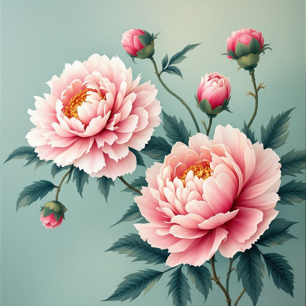 AI generated: Beautiful Chinese peonies decorate the soft light green canvas