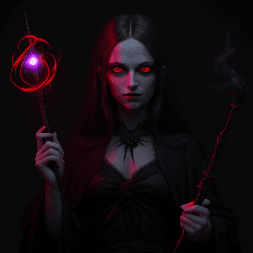 AI generated: dark magical with red light eyes , the wand in hand and magic head.