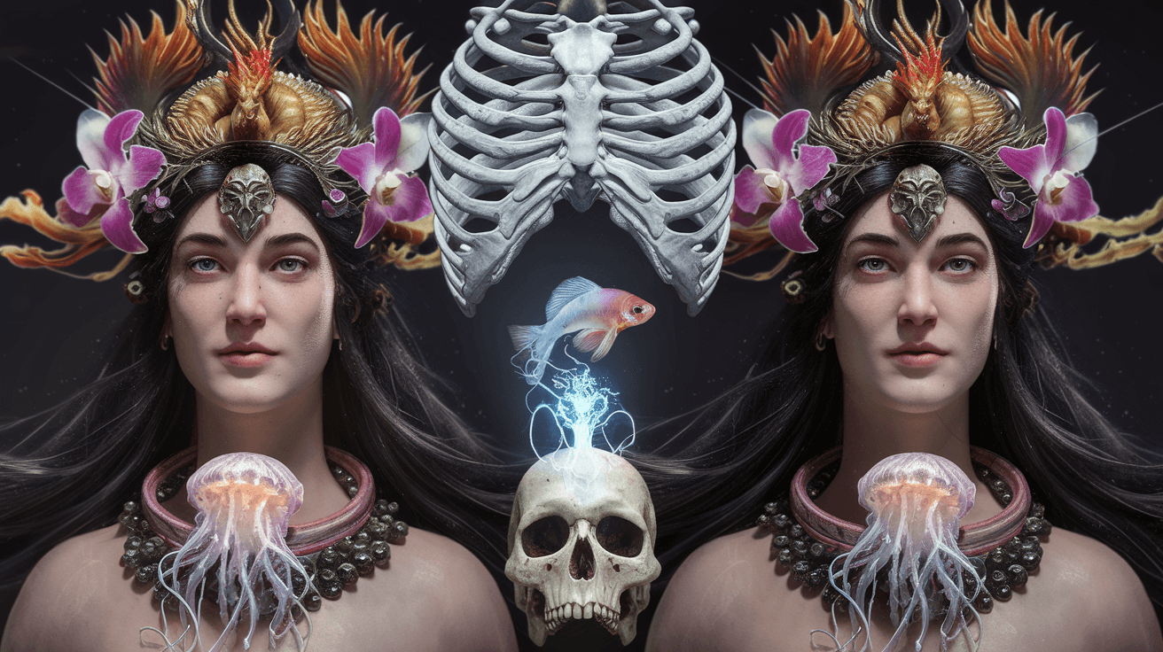 AI generated: Goddess close-up portrait ribcagel. jellyfish phoenix head, nautilus, orchid, skull, betta fish, bio...