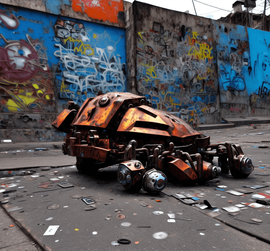 AI generated: a  lost  rusted big robot  is dead. It is lying on its back on  the ground in the street in a  favel...