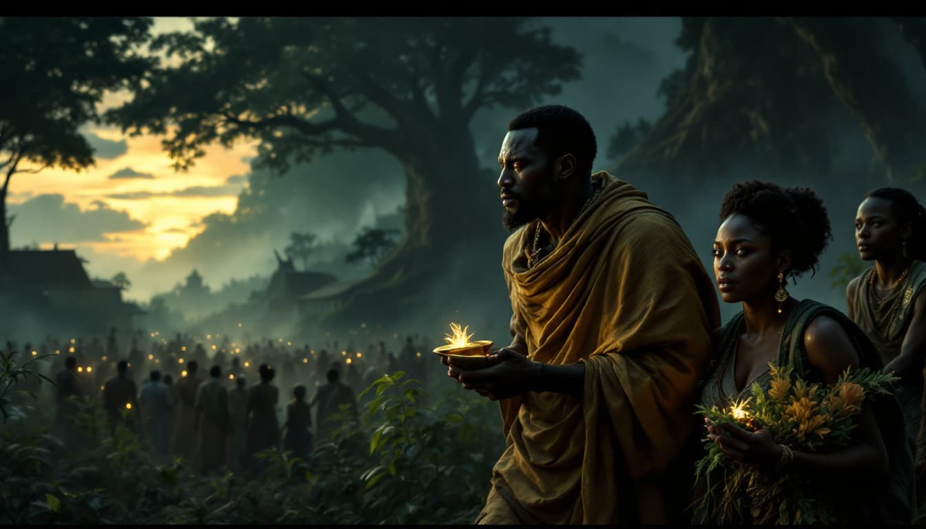 AI generated: - **The Trio**: Exhausted but resolute, King Nnamdi leans on Prince Chidi for support, his face pale...
