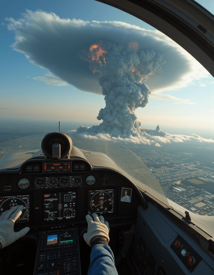 AI generated: A hyper-realistic color photograph capturing a breathtaking, aerial view through the cockpit of a fi...