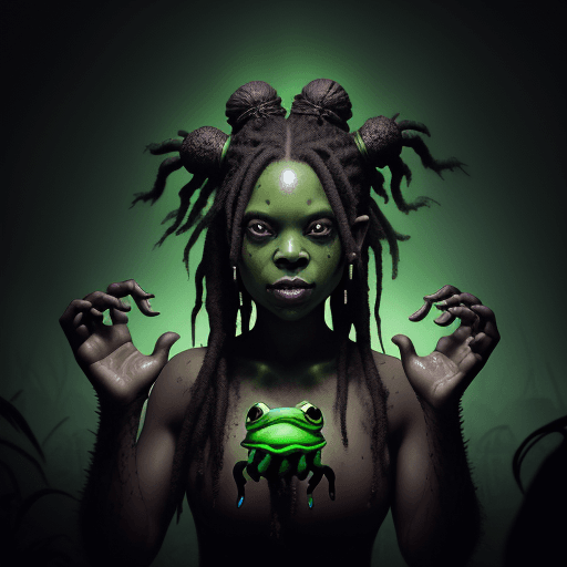 AI generated: dark fantasy, swamp, wide shot, voodoo magic, evil bullfrog head lady, hair black matted dreadlocks,...