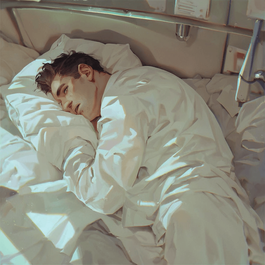 AI generated: 1man, sick, laying on bed, Looking at viewer, hospital background